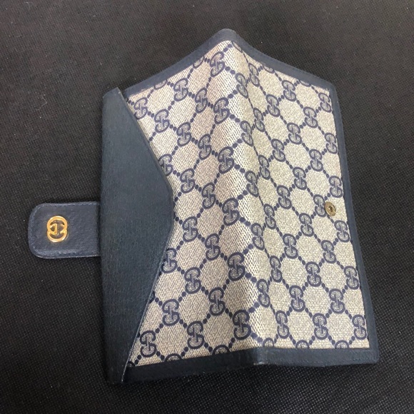 GUCCI GG Monogram Navy Blue Leather Coated Canvas Long Bifold Wallet Vintage - Picture 16 of 17